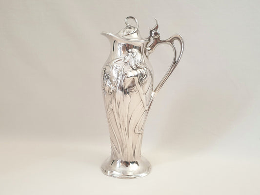 Rare WMF Art Nouveau Silver Plated Pitcher with Lady and Floral pattern