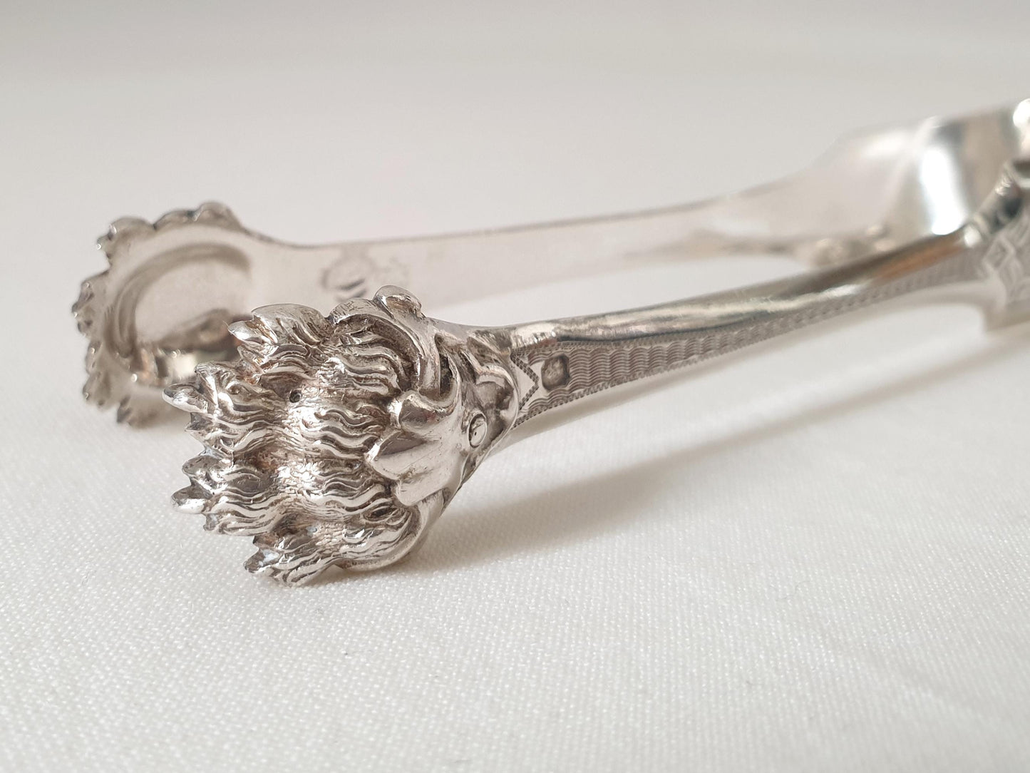 Antique 950 Silver Sugar Tongs by Philippe Berthier, Paris - Featuring Engraved Greek Key Frieze and Lion's Claw-Shaped Grips