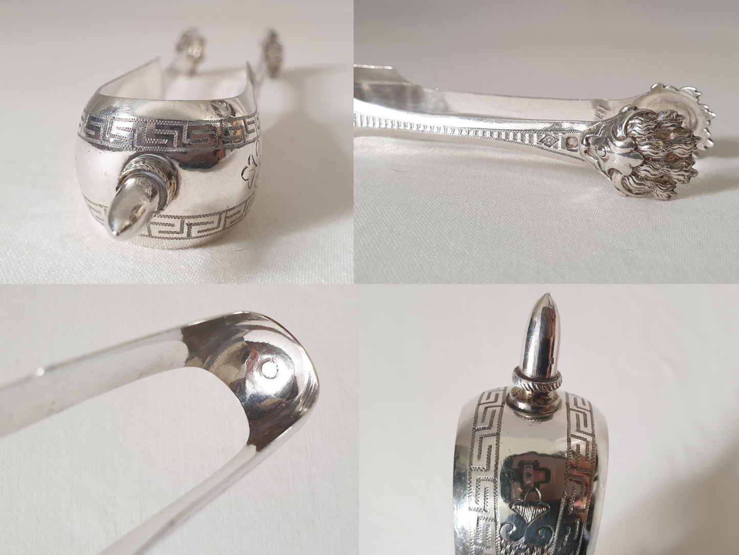 Antique 950 Silver Sugar Tongs by Philippe Berthier, Paris - Featuring Engraved Greek Key Frieze and Lion's Claw-Shaped Grips