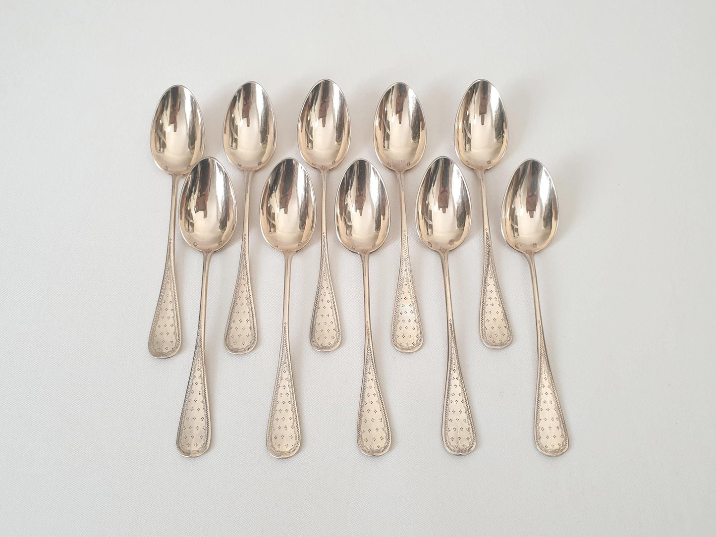 10 Silver and Gold Vermeil Coffee Spoons or Teaspoons in Louis XVI Style Medallion -  Late 19th Century