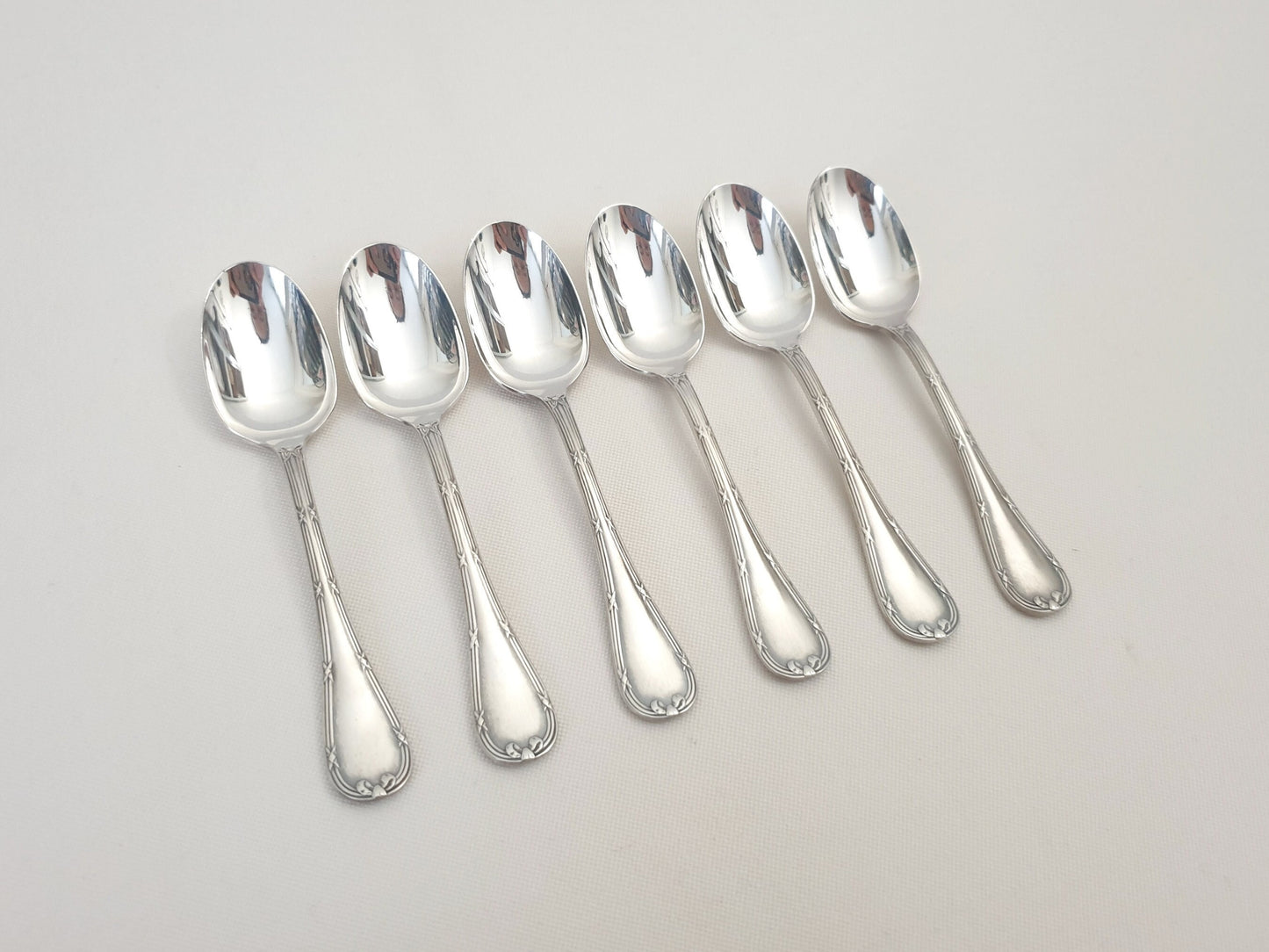 Christofle 6 Silver Plated Small Moka Spoons 'Ribbons' Model - 6 Demitasse Spoons