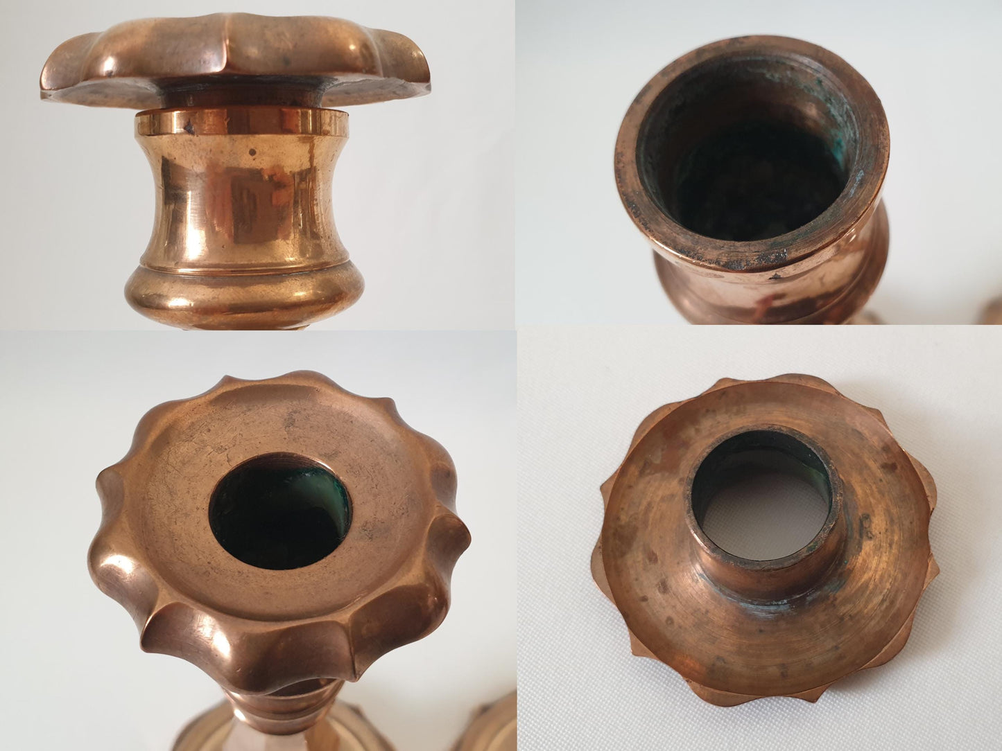 Pair of French Antique Copper Candlesticks with Polylobed Bases and Faceted Baluster Shafts - 19th Century Candle Holders