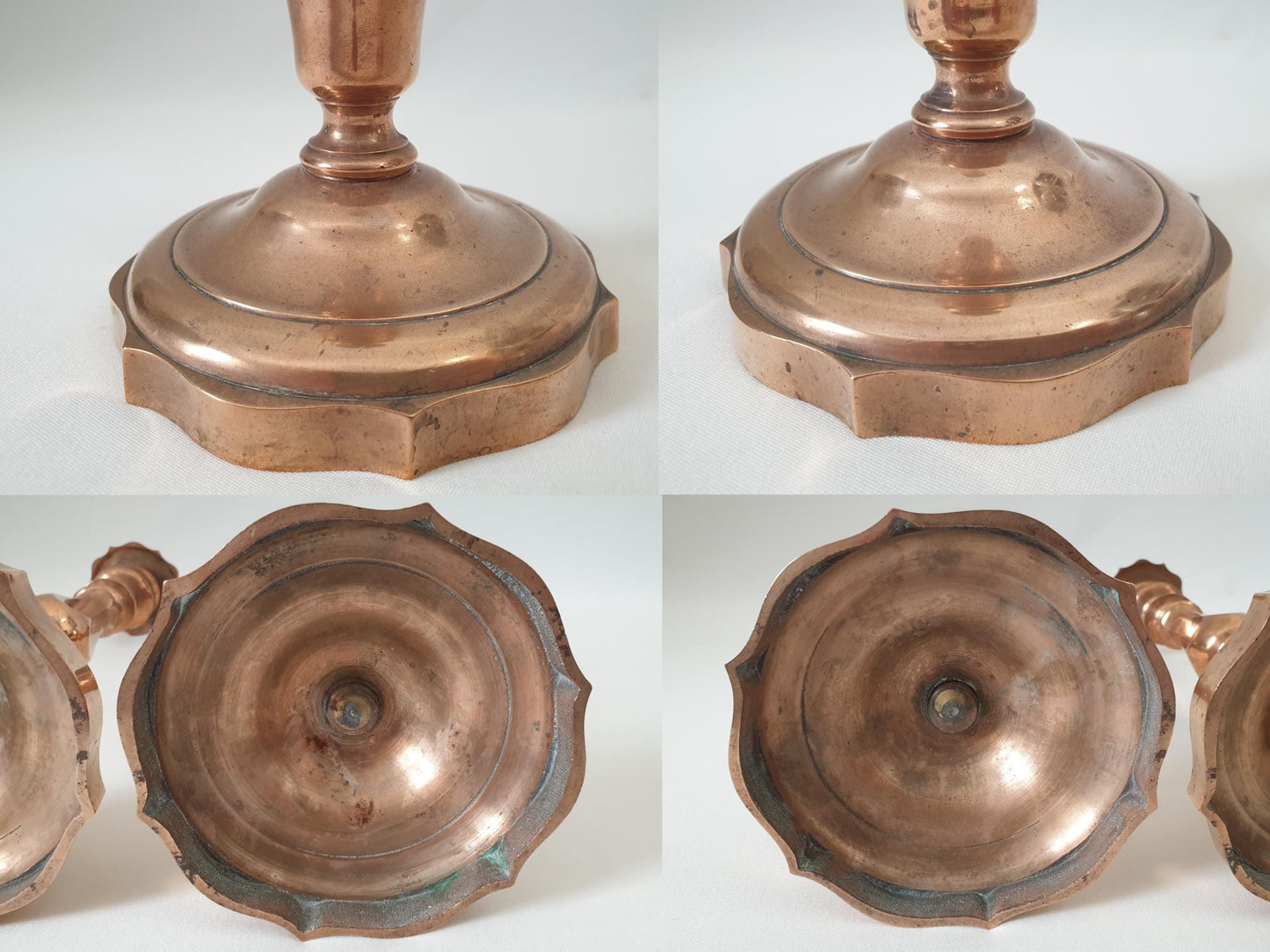 Pair of French Antique Copper Candlesticks with Polylobed Bases and Faceted Baluster Shafts - 19th Century Candle Holders