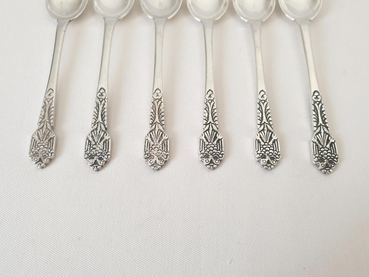 Set of 6 Italian 800 Silver Small Moka Spoons with Ornate Engraved Handles - 6 Silver Demitasse Spoons