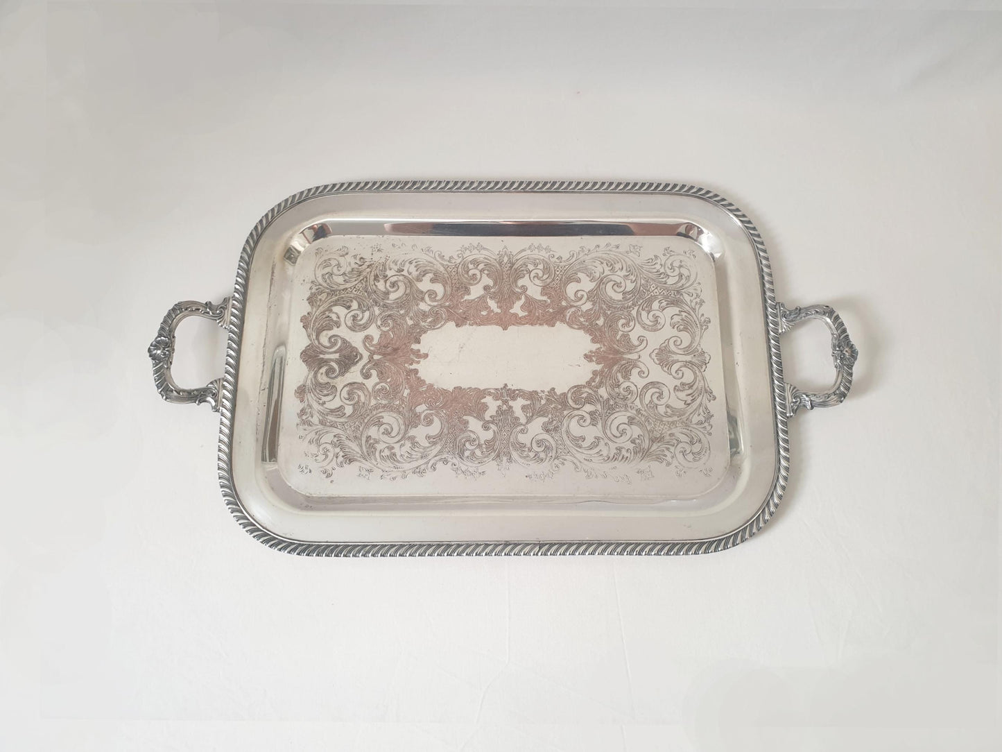 Antique Large Silver Plate on Copper Rectangular Serving Tray with Handles, Featuring Foliate Engraving by F.B. Rogers Silver Co.