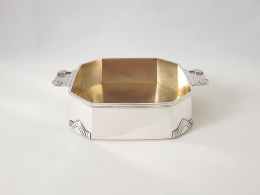 French Art Deco Silver Plated Octagonal Centerpiece with Gilded Interior - Two Handled Fruit or Flower Bowl by Boulanger