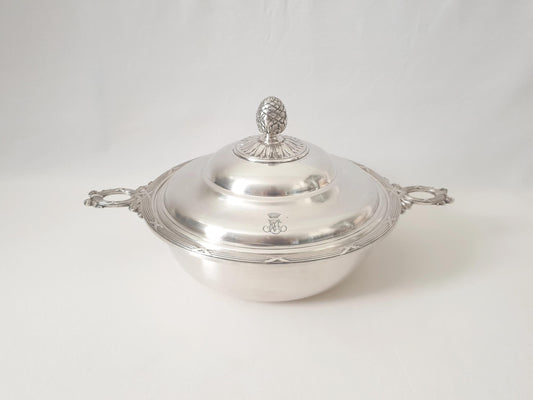 Rare Antique Christofle Silver Plated Covered Vegetable Dish or Casserole Dish with Ribbon Motif