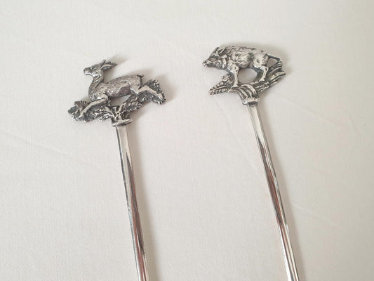 Set of 2 Silver Plated Meat Skewers with Wild Boar and Leaping Deer Designs