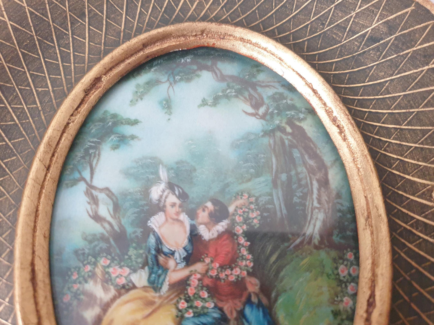 Vintage Hand Painted Miniature "Scène d'Amour" Influenced by Watteau in Gilded Wood Frame