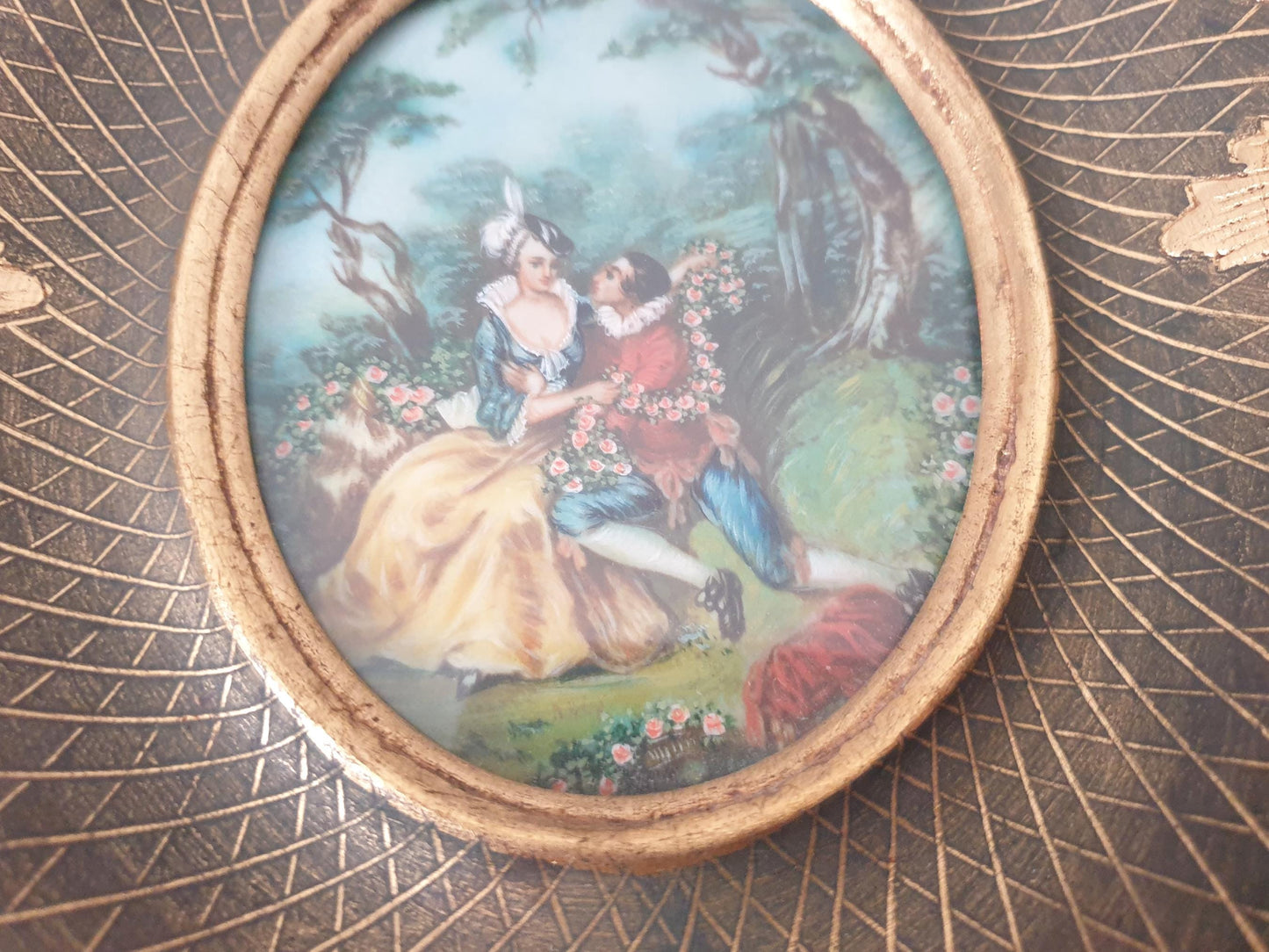 Vintage Hand Painted Miniature "Scène d'Amour" Influenced by Watteau in Gilded Wood Frame