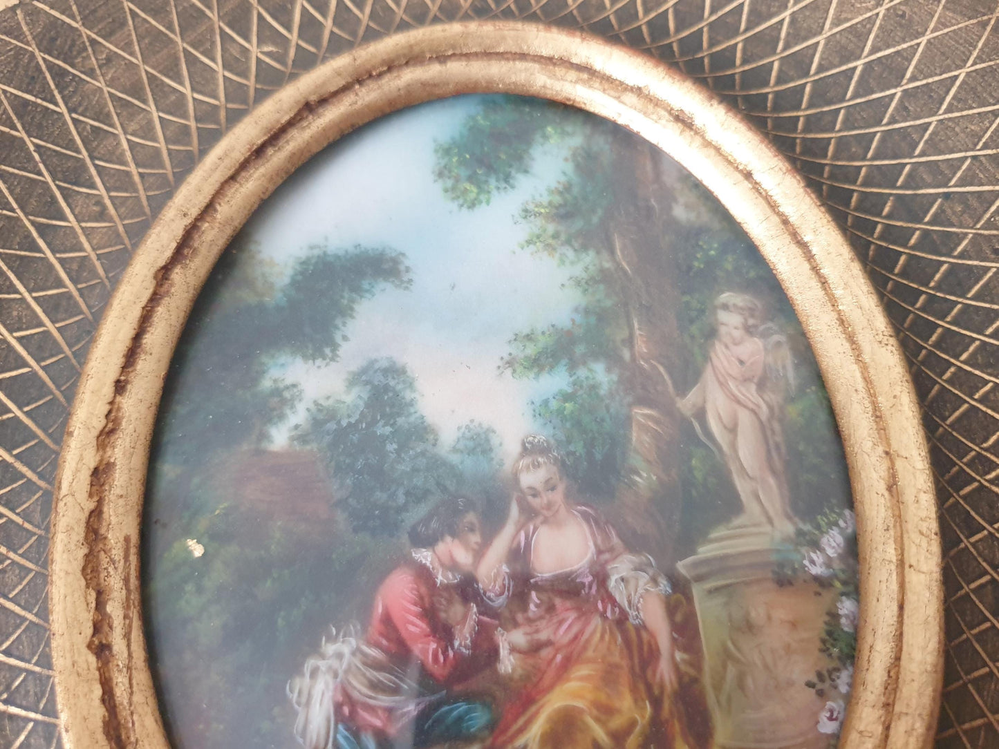 Vintage Hand Painted Miniature "Scène d'Amour" Inspired by Watteau in Gilded Wood Frame