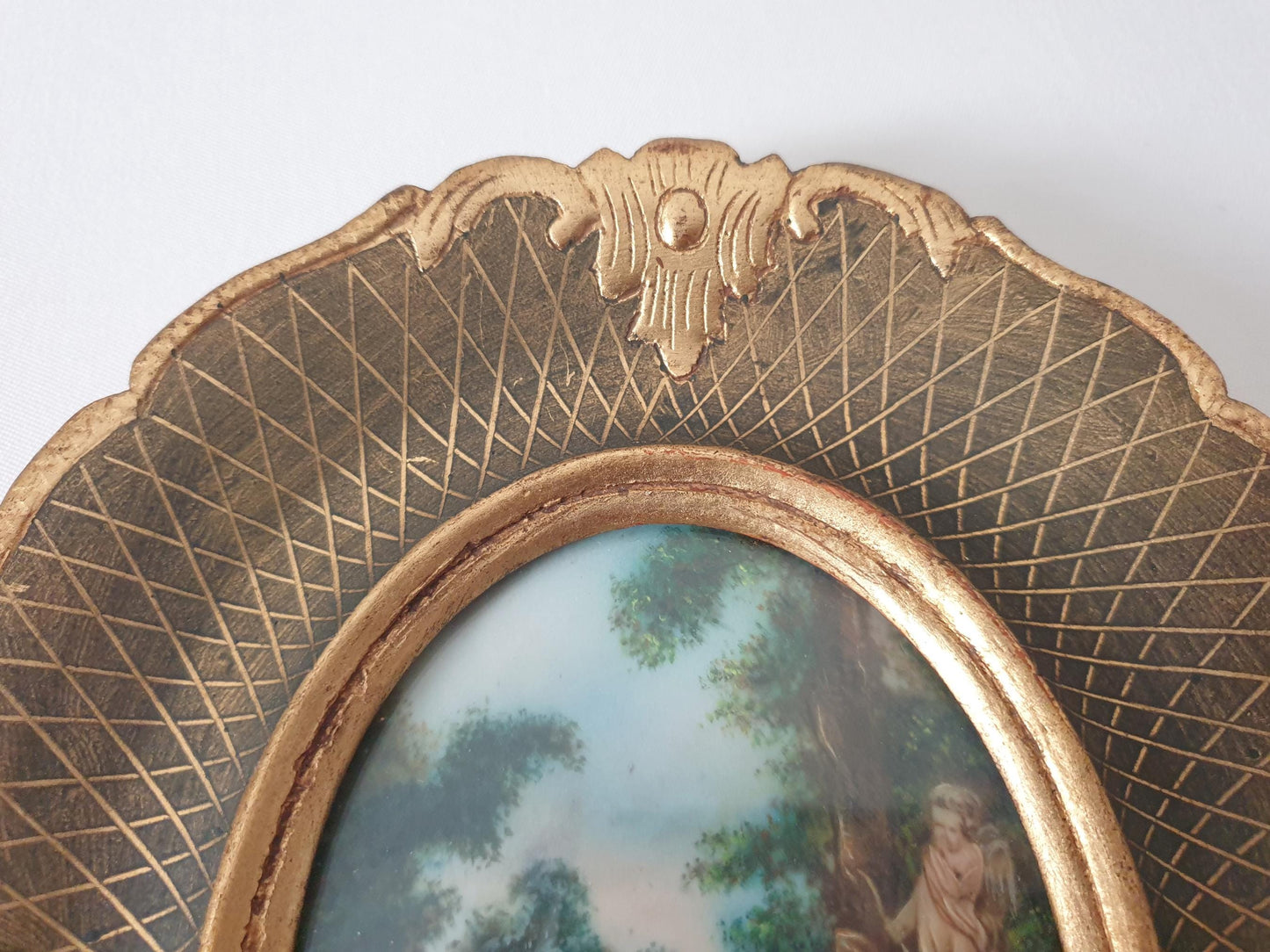 Vintage Hand Painted Miniature "Scène d'Amour" Inspired by Watteau in Gilded Wood Frame