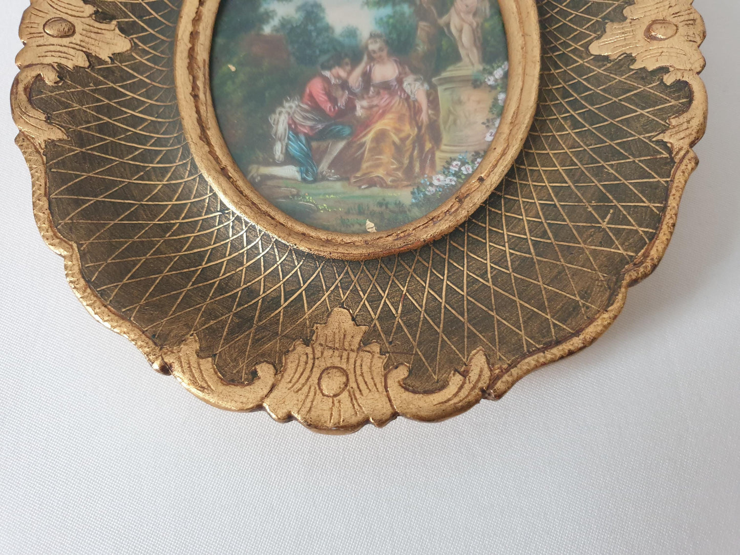 Vintage Hand Painted Miniature "Scène d'Amour" Inspired by Watteau in Gilded Wood Frame