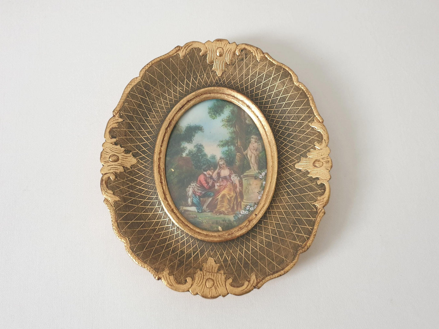 Vintage Hand Painted Miniature "Scène d'Amour" Inspired by Watteau in Gilded Wood Frame