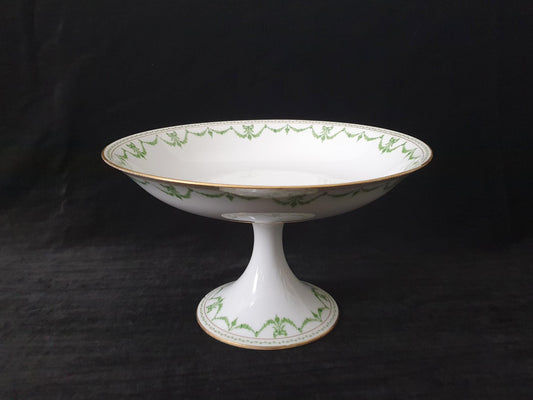 French Limoges Depos Pedestal Compote Footed Centrepiece Bowl - Porcelain Pedestal Serving Bowl in White and Green Tones