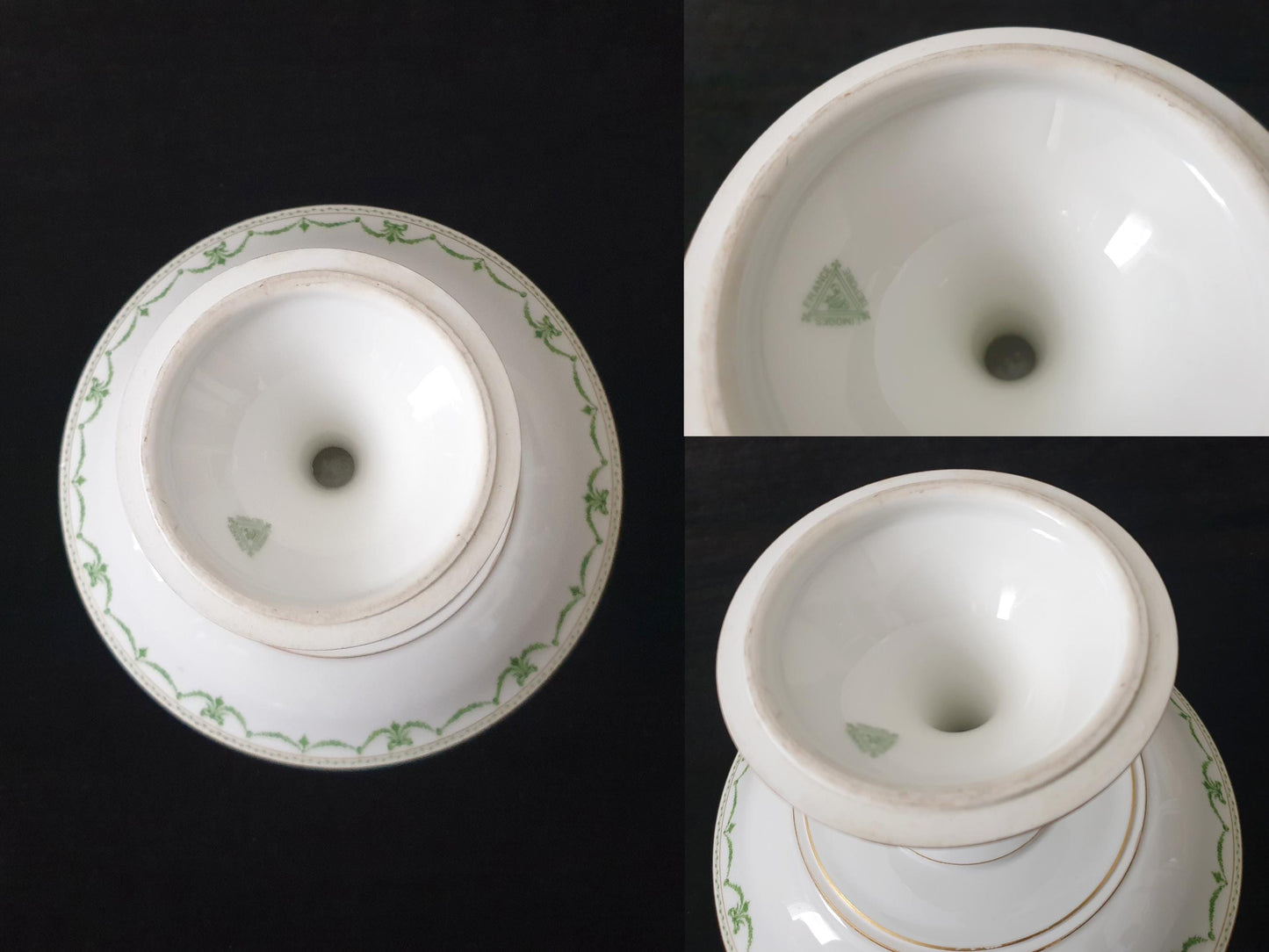 French Limoges Depos Pedestal Compote Footed Centrepiece Bowl - Porcelain Pedestal Serving Bowl in White and Green Tones