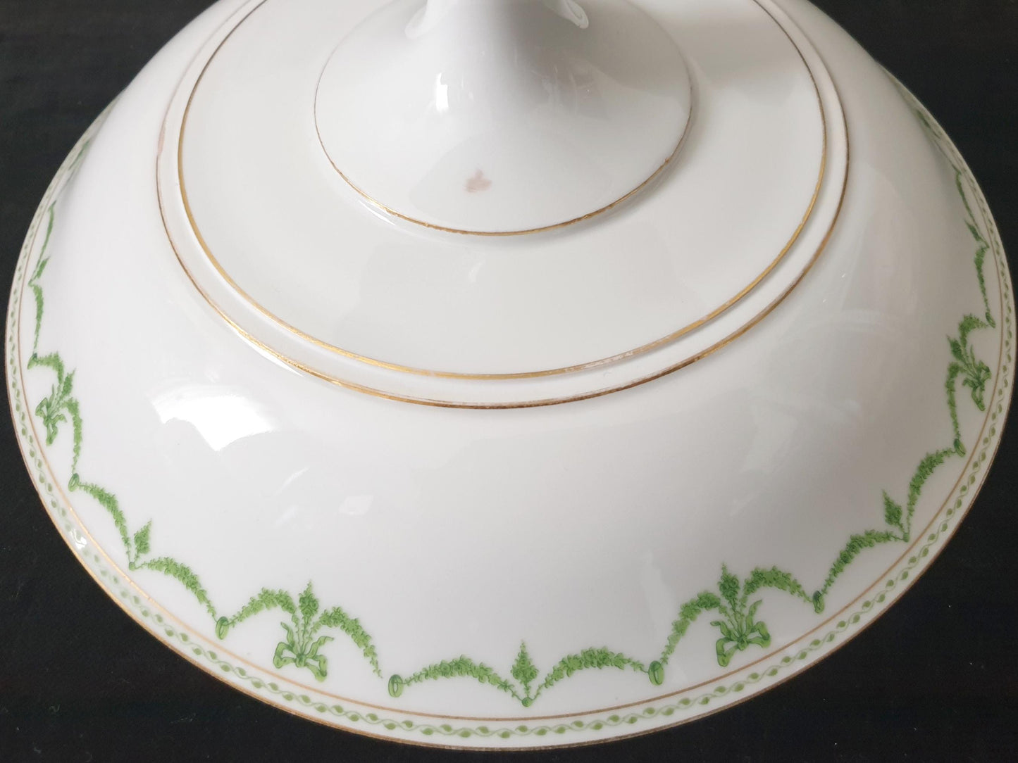 French Limoges Depos Pedestal Compote Footed Centrepiece Bowl - Porcelain Pedestal Serving Bowl in White and Green Tones