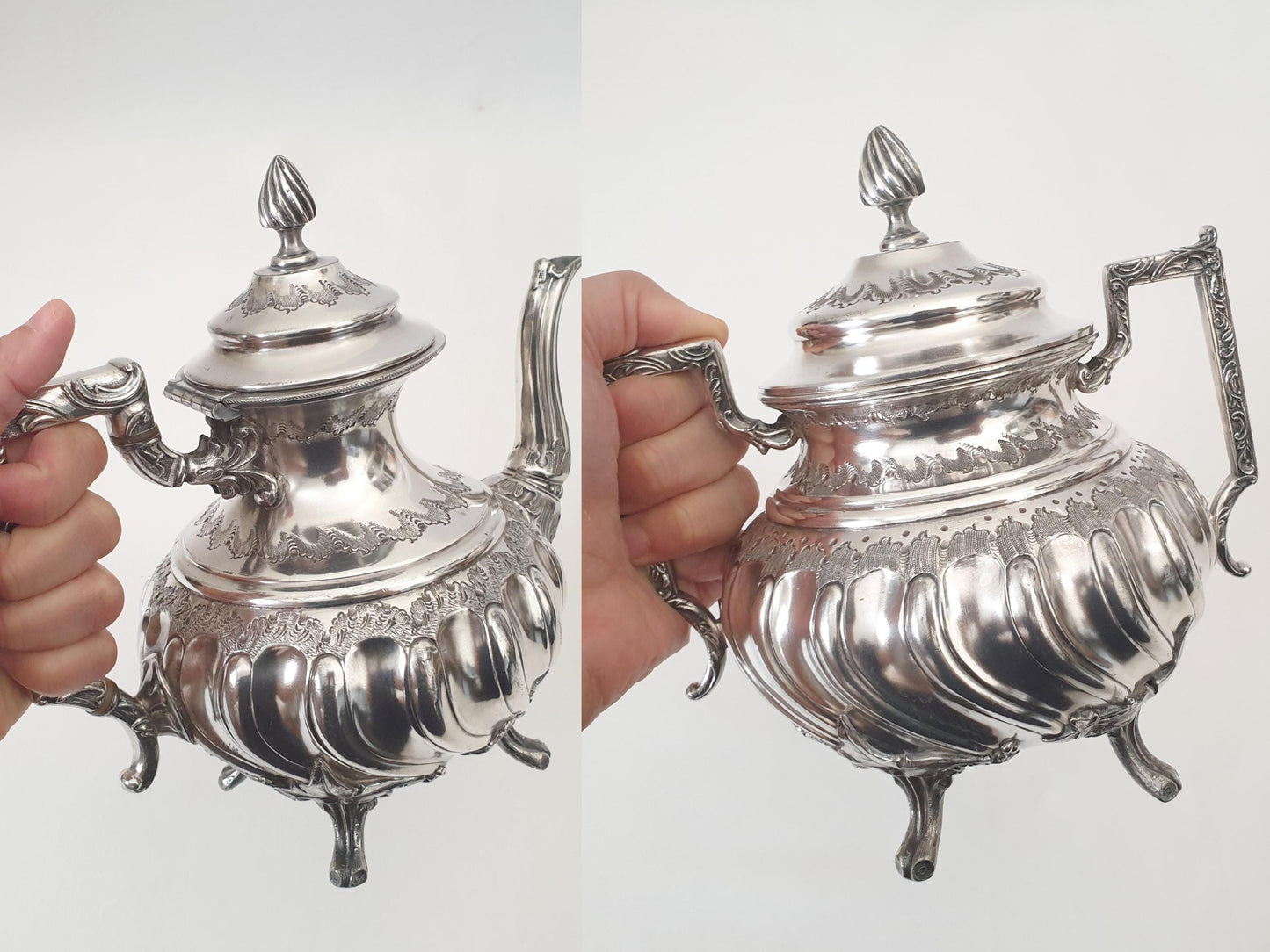 Set of 19th Century Rococo Revival Silver Plated Teapot and Sugar Bowl in Louis XV Style with Ornate Square Handles