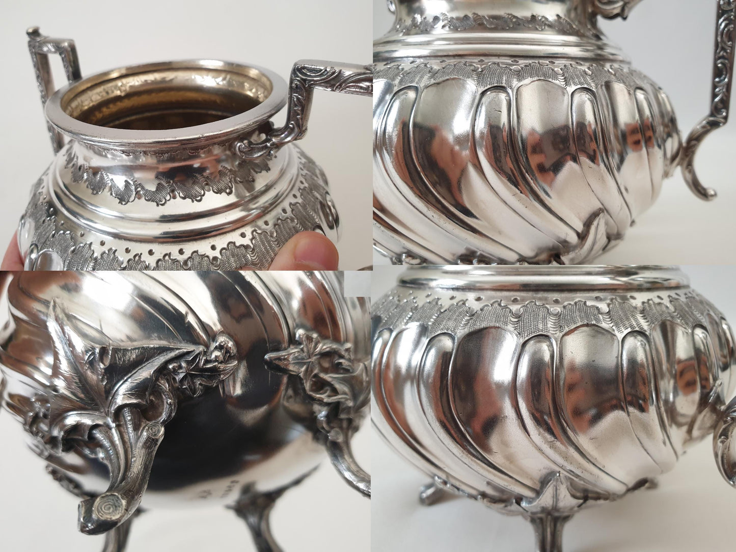 Set of 19th Century Rococo Revival Silver Plated Teapot and Sugar Bowl in Louis XV Style with Ornate Square Handles