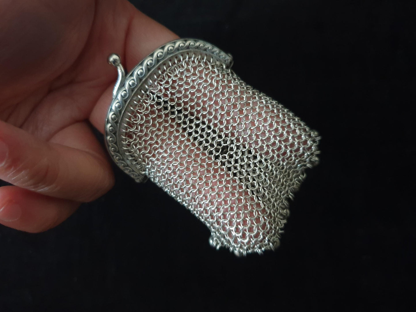 Vintage Silver Coin Purse with Half Moon Clutch Frame - French Silver Mesh Coin Purse