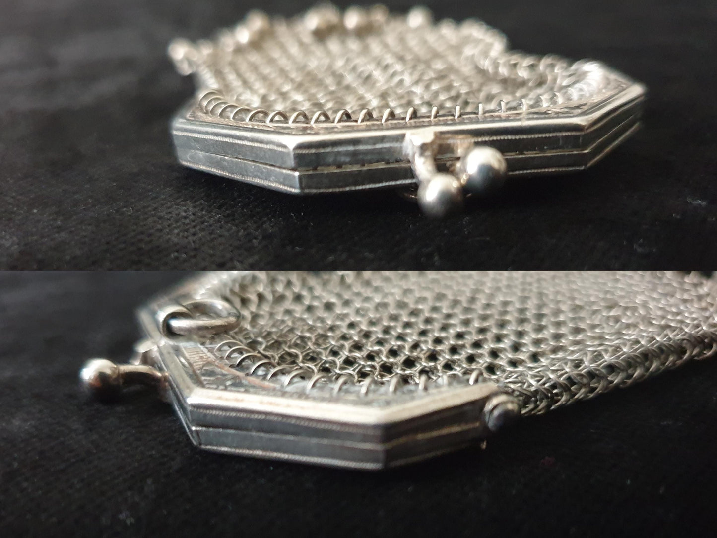 Vintage Silver Coin Purse with Pentagon Shaped Clutch Frame – French Silver Mesh Coin Purse