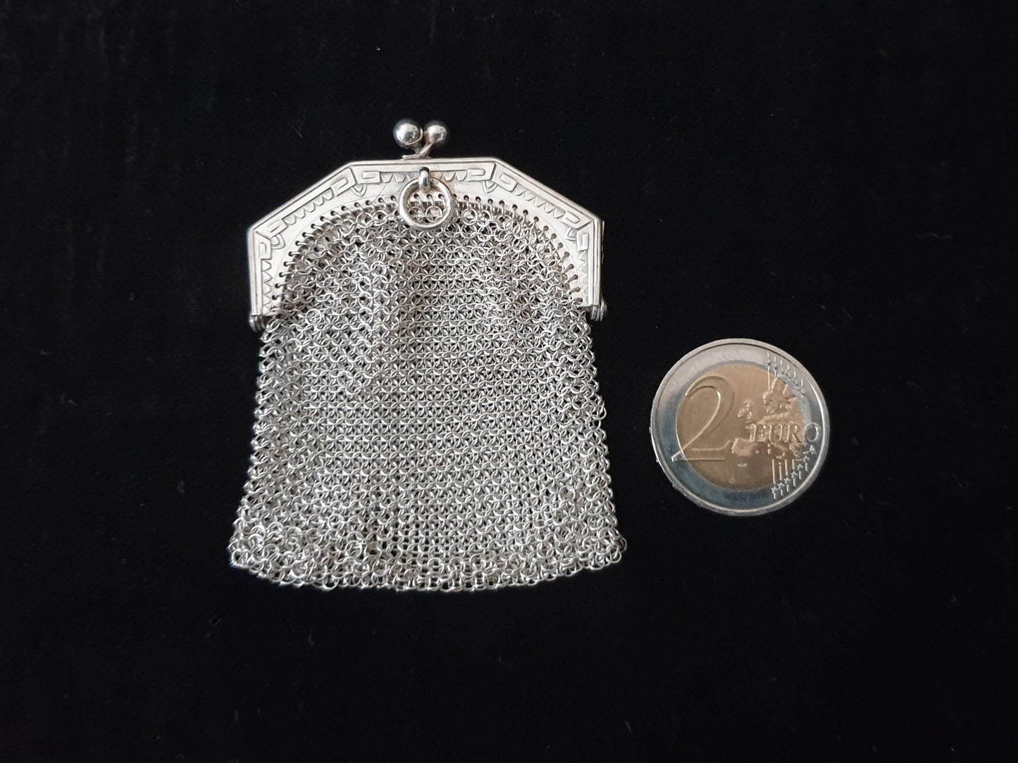 Vintage Silver Coin Purse with Pentagon Shaped Clutch Frame and Two Compartments - French Silver Mesh Coin Purse