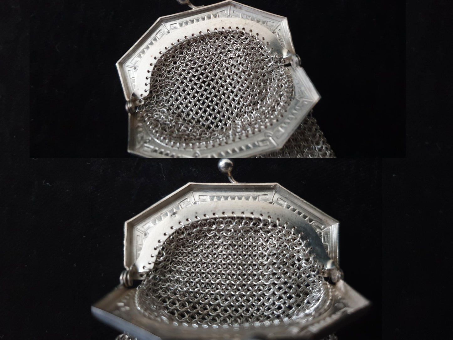 Vintage Silver Coin Purse with Pentagon Shaped Clutch Frame and Two Compartments - French Silver Mesh Coin Purse