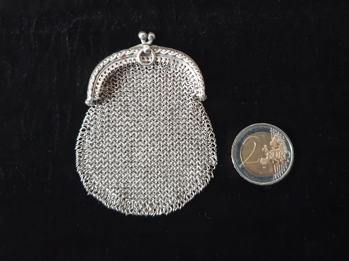 Vintage Silver Coin Purse in Rounded Pouch Shape with Half Moon Clutch Frame - French Silver Mesh Coin Purse