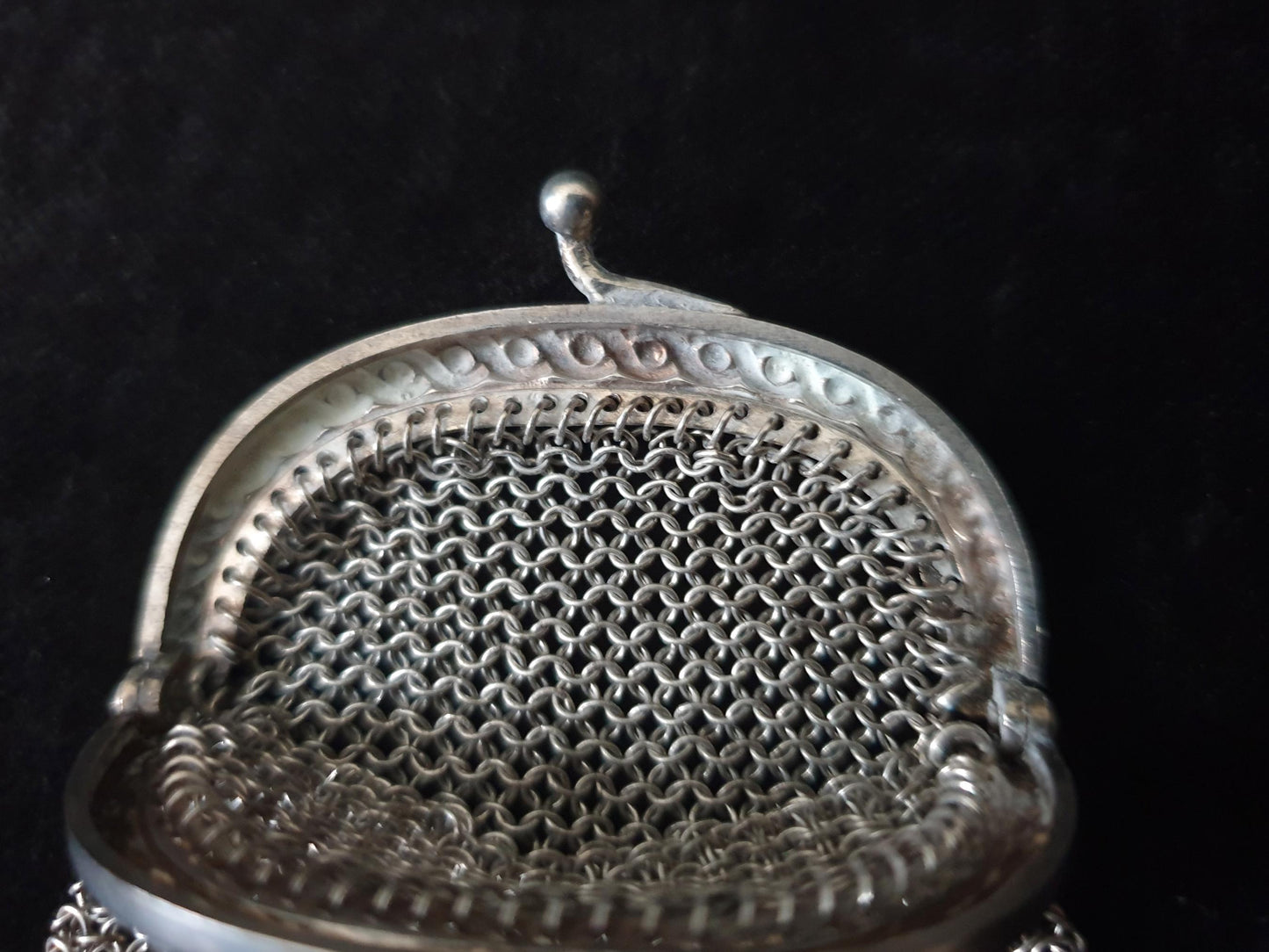 Vintage Silver Coin Purse in Rounded Pouch Shape with Half Moon Clutch Frame - French Silver Mesh Coin Purse