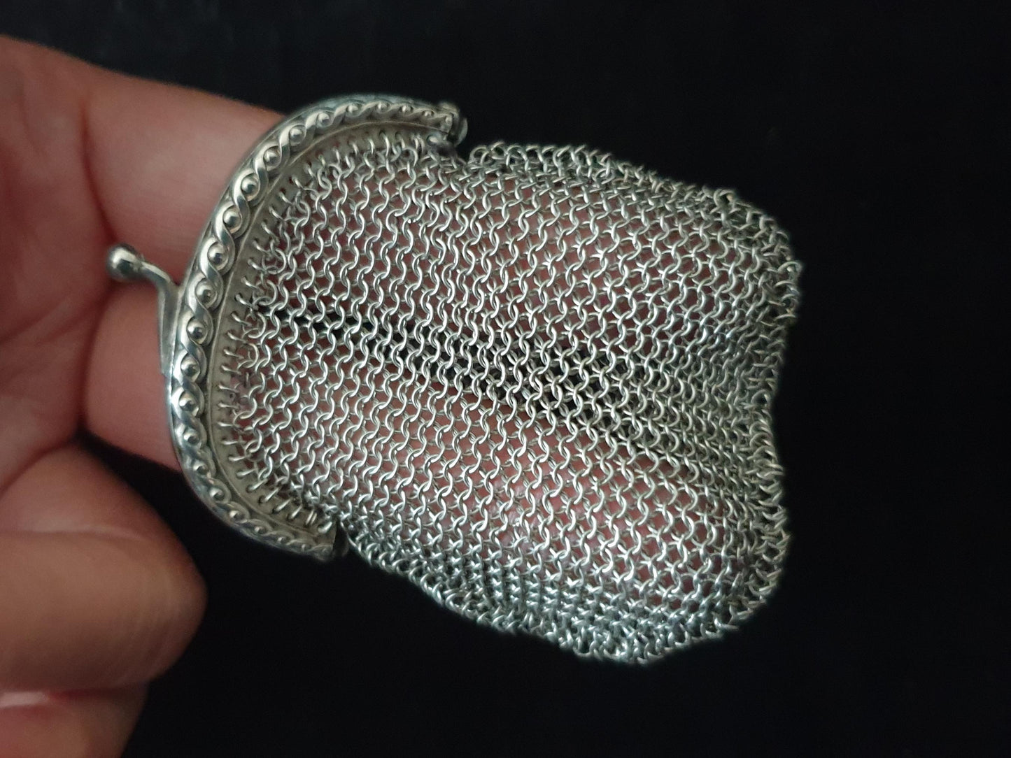 Vintage Silver Coin Purse in Rounded Pouch Shape with Half Moon Clutch Frame - French Silver Mesh Coin Purse