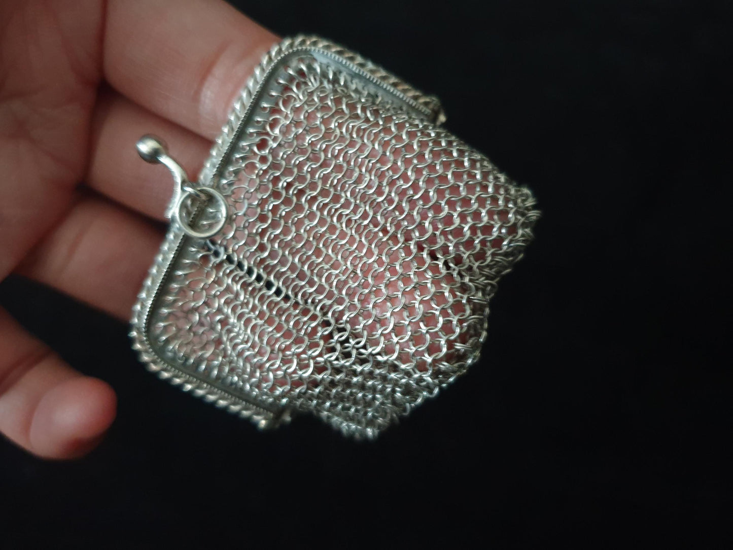 Vintage Silver Coin Purse with Rectangular Clutch Frame and Two Compartments - French Silver Mesh Coin Purse