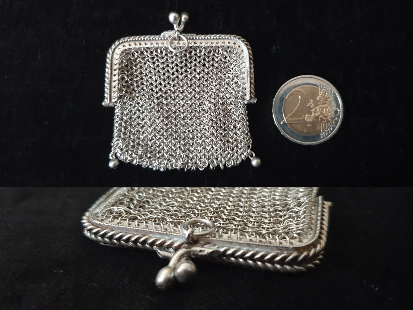 Vintage Silver Coin Purse with Rectangular Clutch Frame and Two Compartments - French Silver Mesh Coin Purse