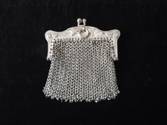 Vintage Silver Coin Purse with Rectangular Floral Clutch Frame and Two Compartments - French Silver Mesh Coin Purse