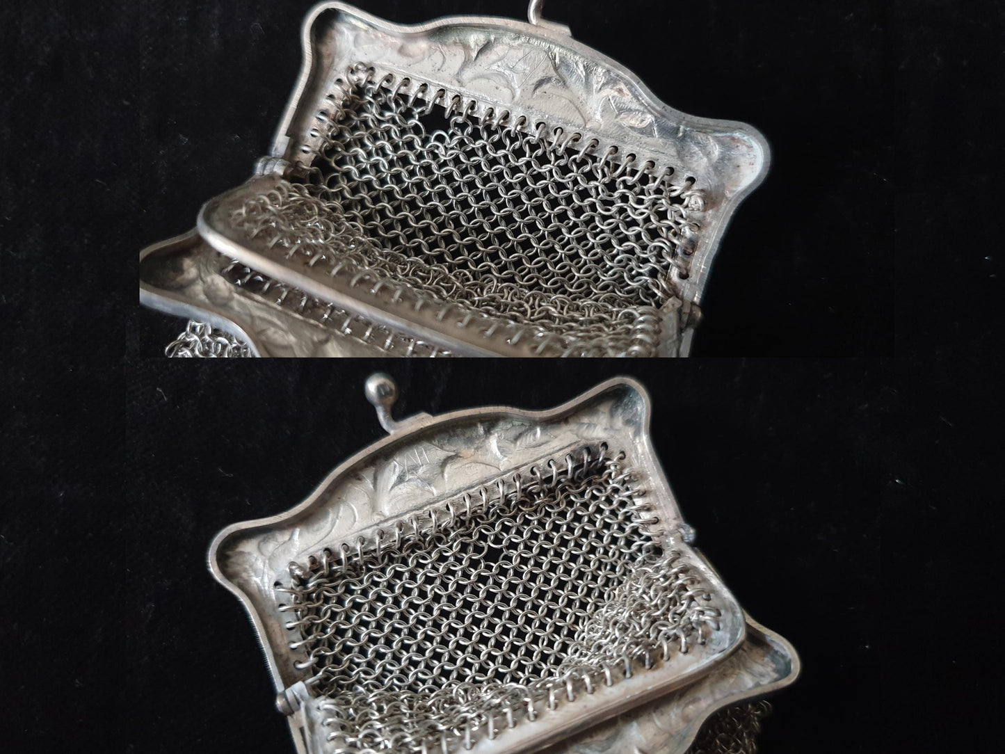 Vintage Silver Coin Purse with Rectangular Floral Clutch Frame and Two Compartments - French Silver Mesh Coin Purse