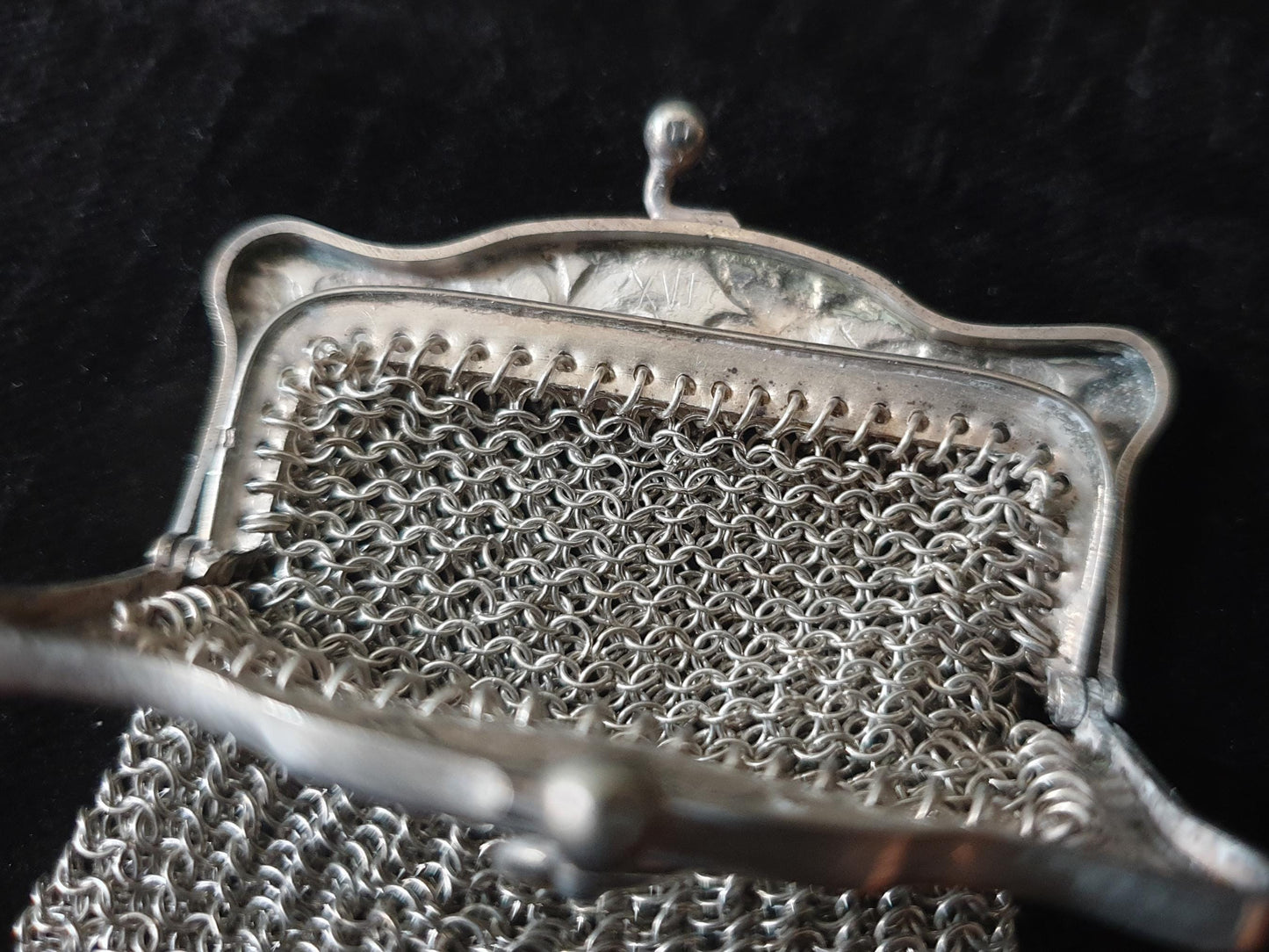 Vintage Silver Coin Purse with Rectangular Floral Clutch Frame and Two Compartments - French Silver Mesh Coin Purse