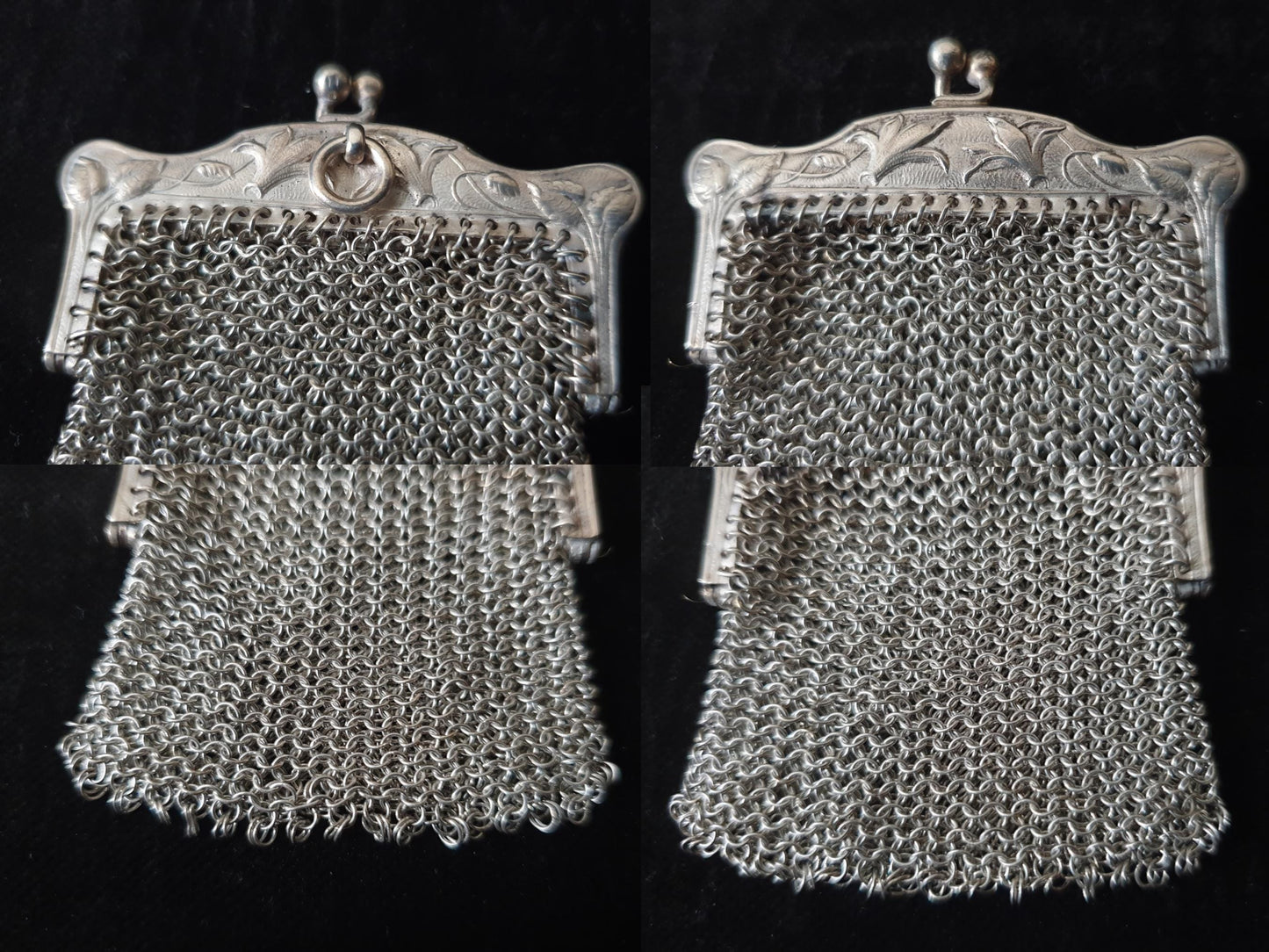 Vintage Silver Coin Purse with Rectangular Floral Clutch Frame and Two Compartments - French Silver Mesh Coin Purse