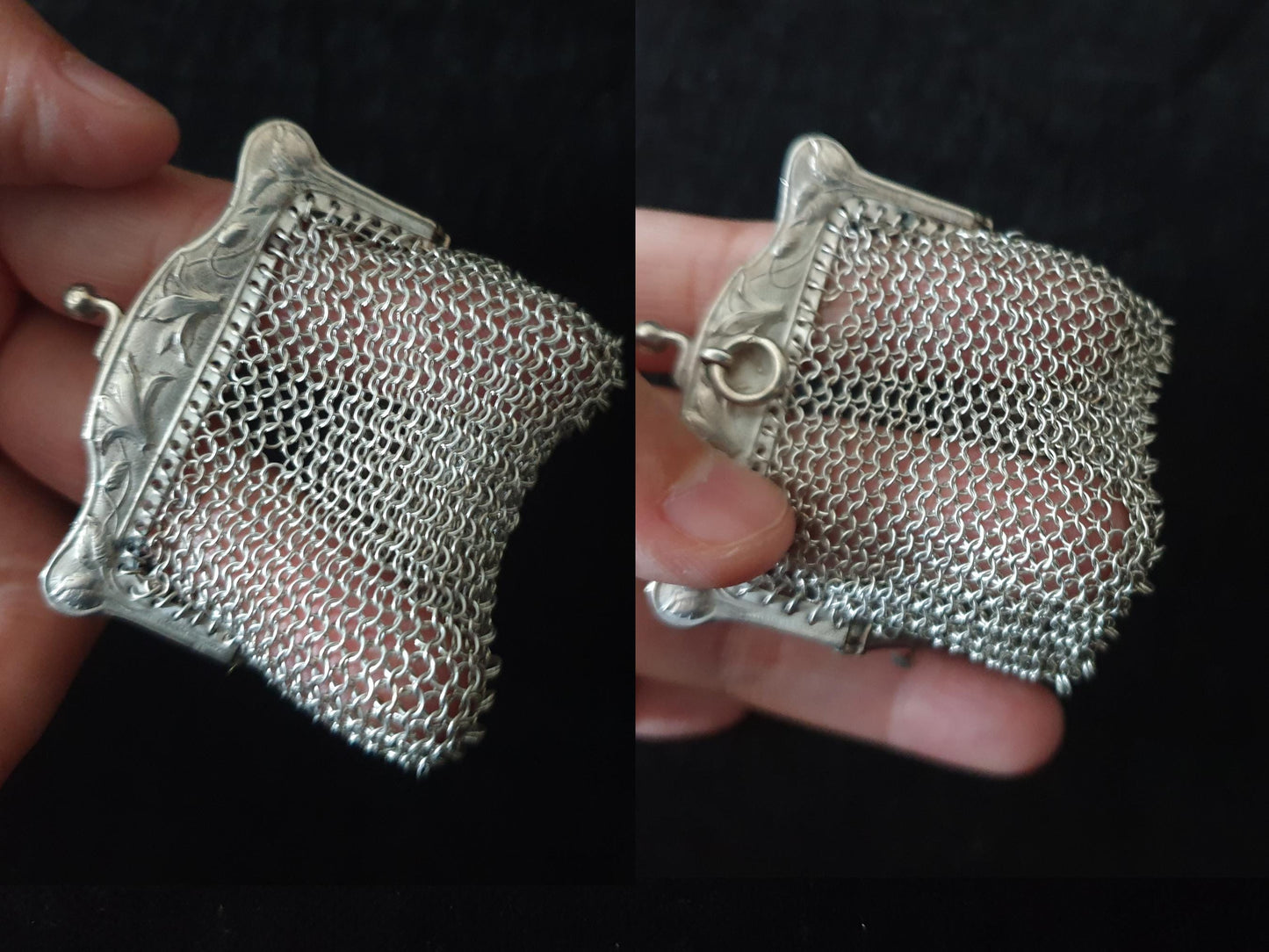 Vintage Silver Coin Purse with Rectangular Floral Clutch Frame and Two Compartments - French Silver Mesh Coin Purse