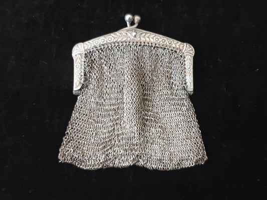 Vintage Silver Coin Purse with Rectangular Floral Clutch Frame and Two Compartments - French Silver Mesh Coin Purse