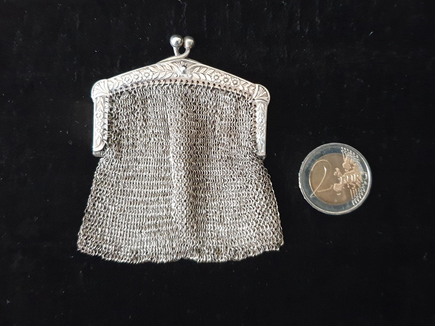 Vintage Silver Coin Purse with Rectangular Floral Clutch Frame and Two Compartments - French Silver Mesh Coin Purse