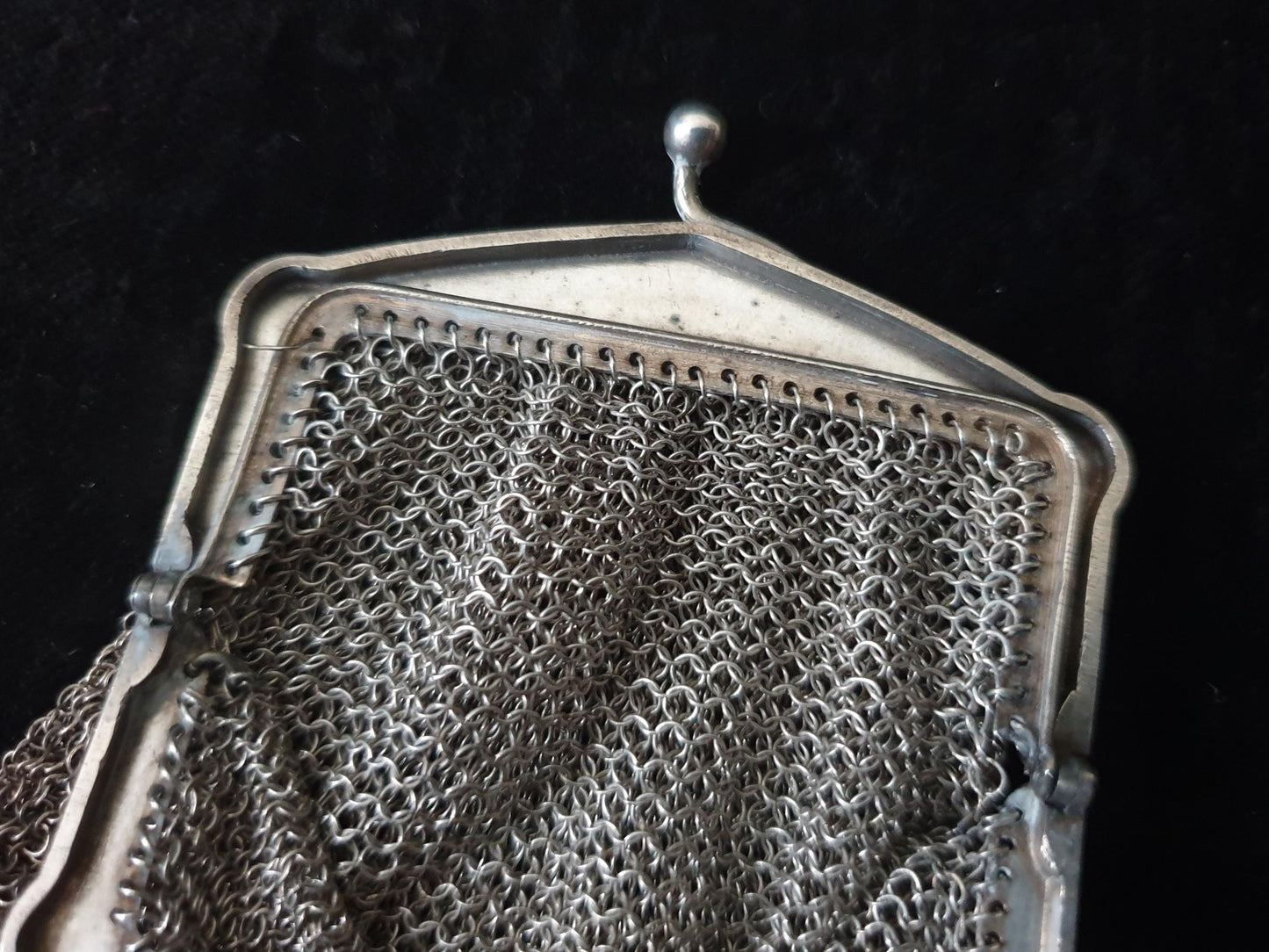 Vintage Silver Coin Purse with Rectangular Floral Clutch Frame and Two Compartments - French Silver Mesh Coin Purse