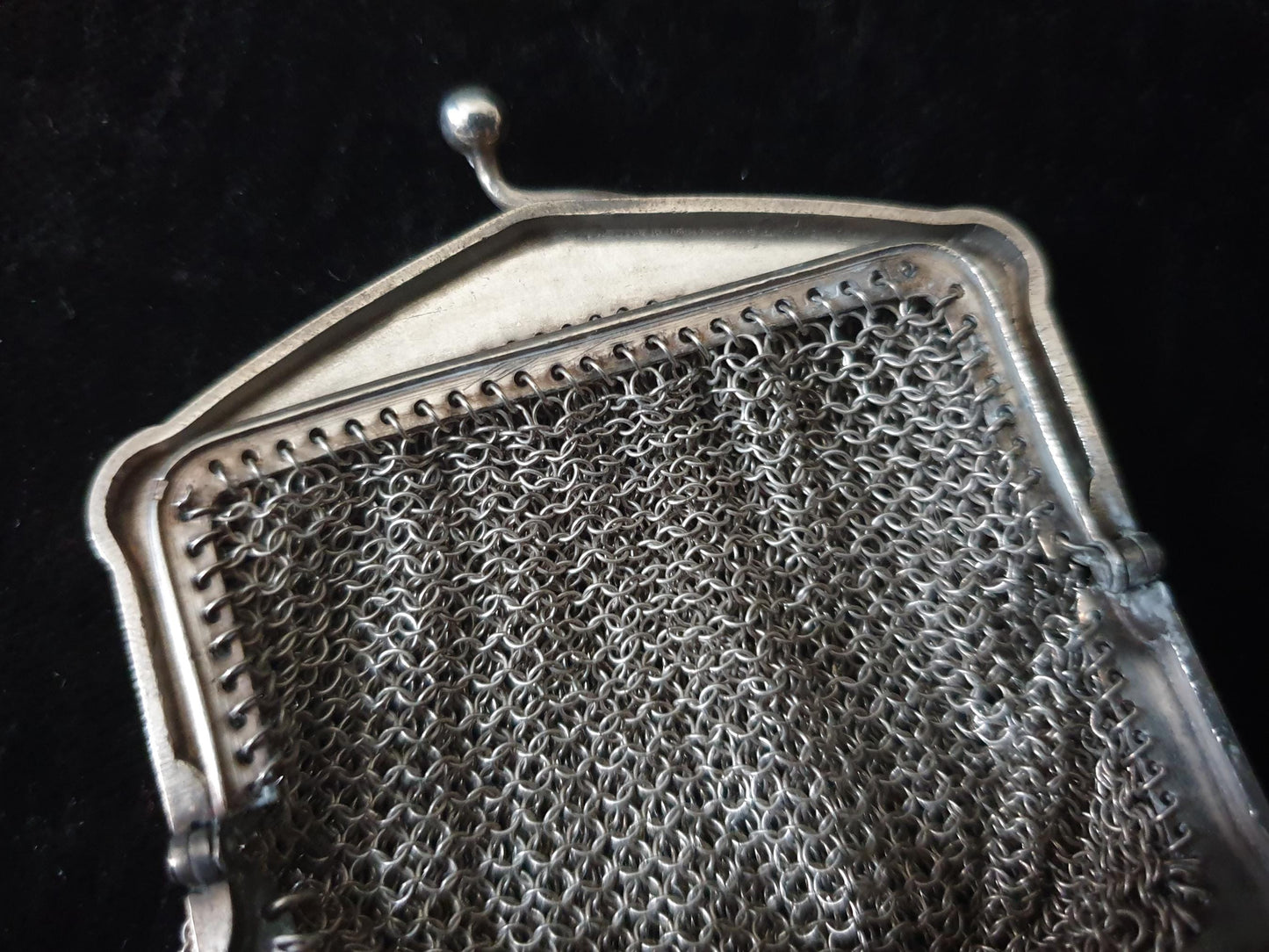 Vintage Silver Coin Purse with Rectangular Floral Clutch Frame and Two Compartments - French Silver Mesh Coin Purse