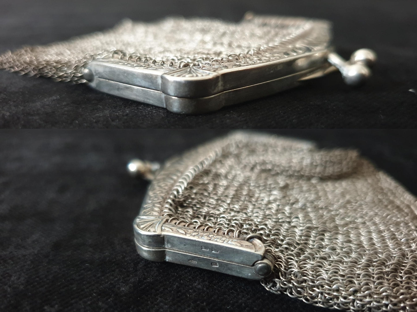 Vintage Silver Coin Purse with Rectangular Floral Clutch Frame and Two Compartments - French Silver Mesh Coin Purse