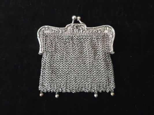 Vintage Silver Double Coin Purse with Rectangular Floral Clutch Frame - French Silver Mesh Double Coin Purse