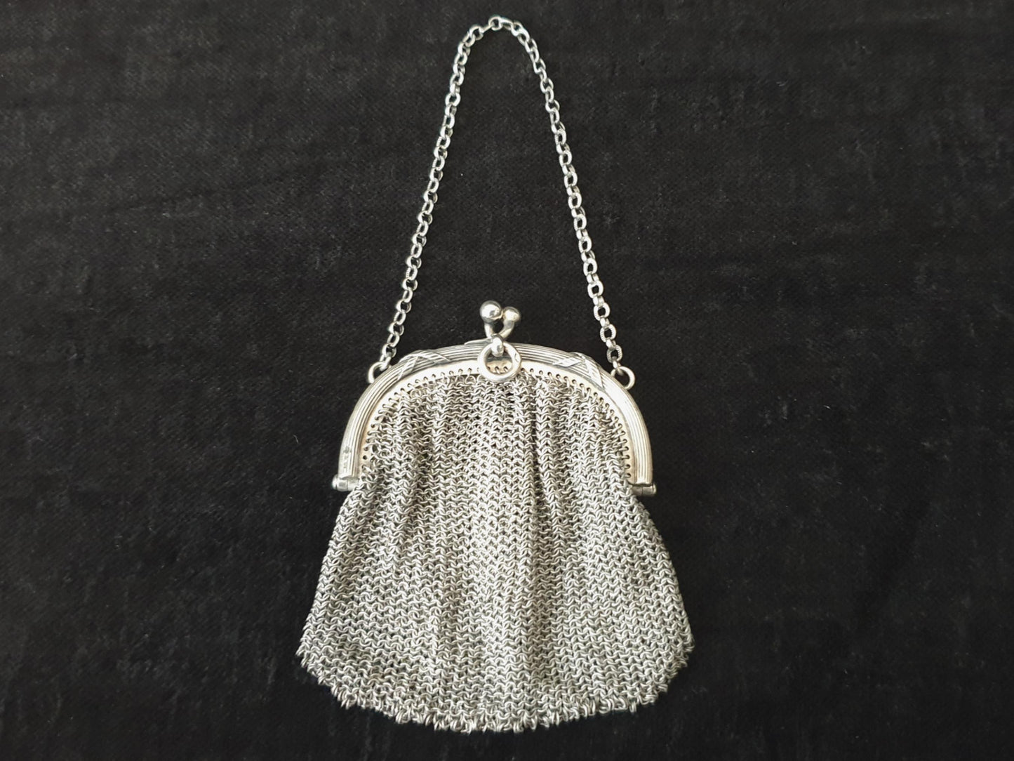 Vintage Silver Coin Purse with Small Chain and Two Compartments  - French Silver Mesh Coin Purse