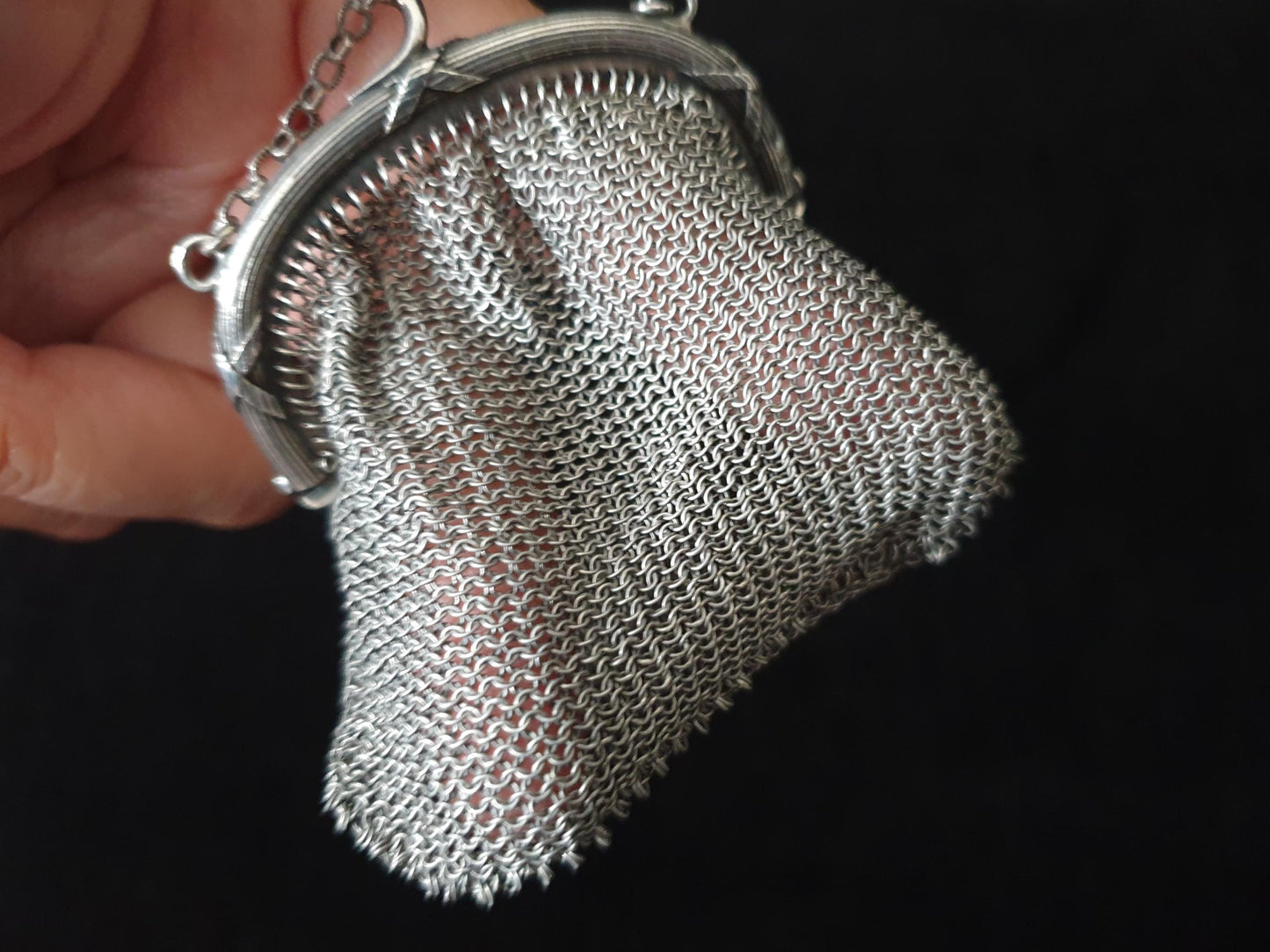 Vintage Silver Coin Purse with Small Chain and Two Compartments  - French Silver Mesh Coin Purse