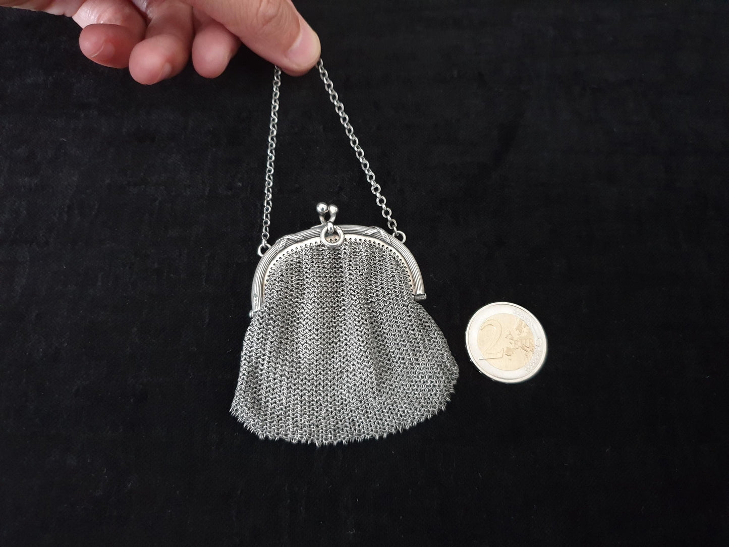 Vintage Silver Coin Purse with Small Chain and Two Compartments  - French Silver Mesh Coin Purse