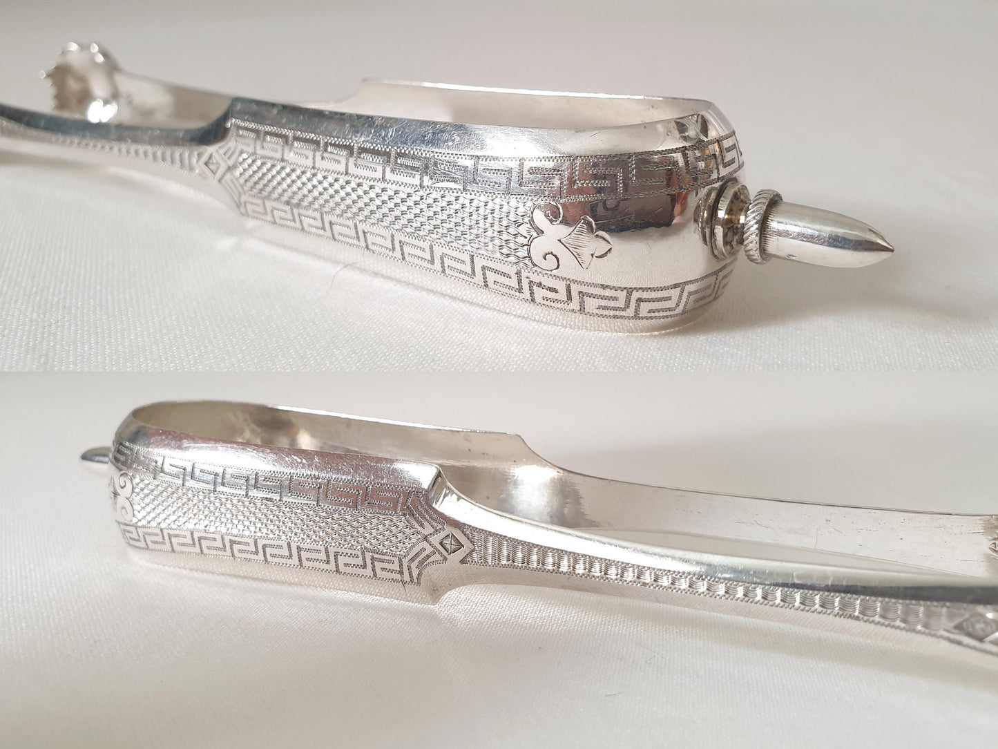 Antique 950 Silver Sugar Tongs by Philippe Berthier, Paris - Featuring Engraved Greek Key Frieze and Lion's Claw-Shaped Grips