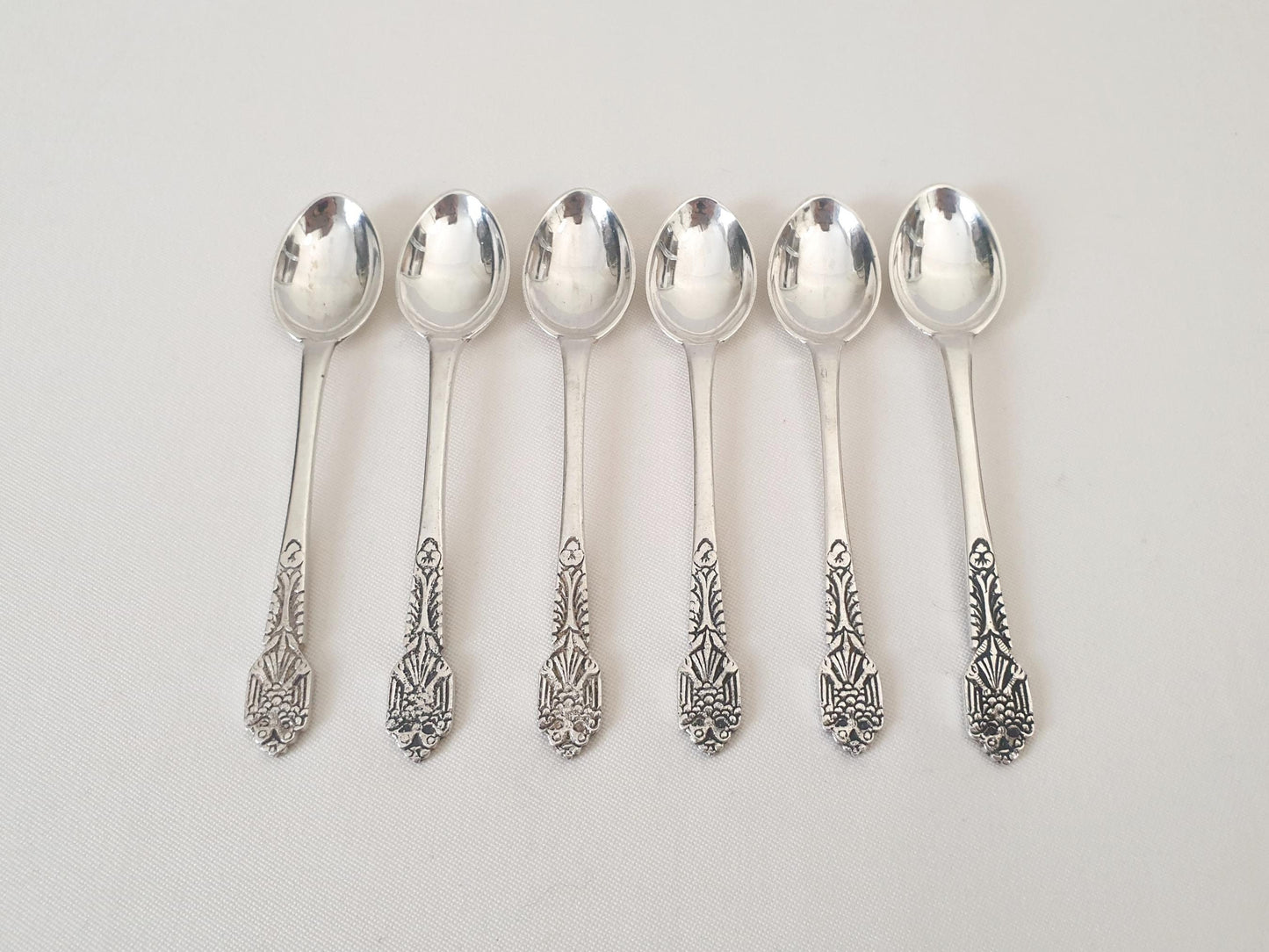 Set of 6 Italian 800 Silver Small Moka Spoons with Ornate Engraved Handles - 6 Silver Demitasse Spoons