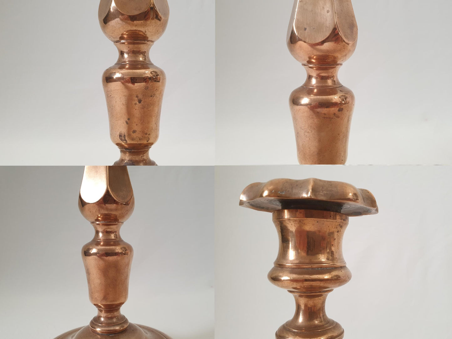 Pair of French Antique Copper Candlesticks with Polylobed Bases and Faceted Baluster Shafts - 19th Century Candle Holders