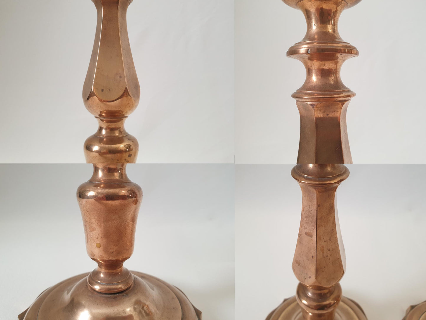 Pair of French Antique Copper Candlesticks with Polylobed Bases and Faceted Baluster Shafts - 19th Century Candle Holders